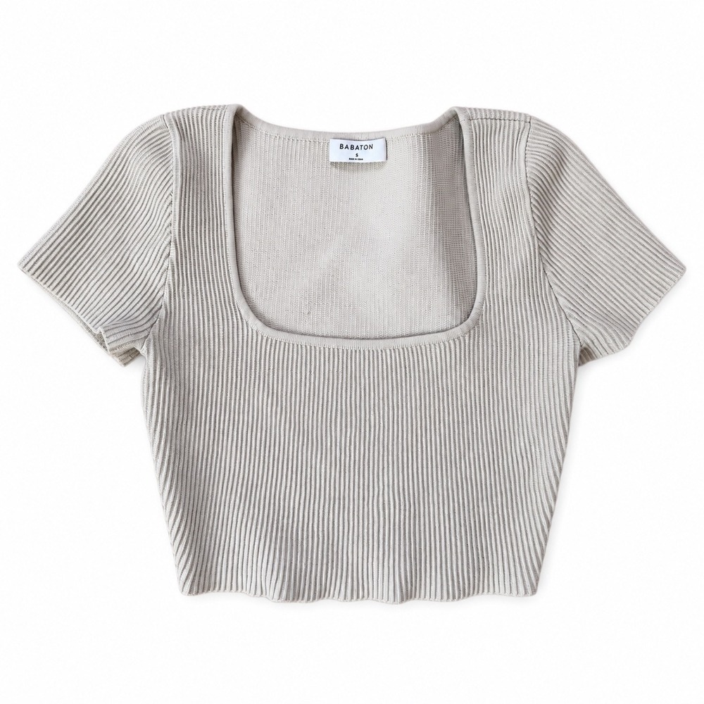 Aritzia Babaton Sculpt Knit Tee Square Neck Ribbed Crop Top Beige Small 92536